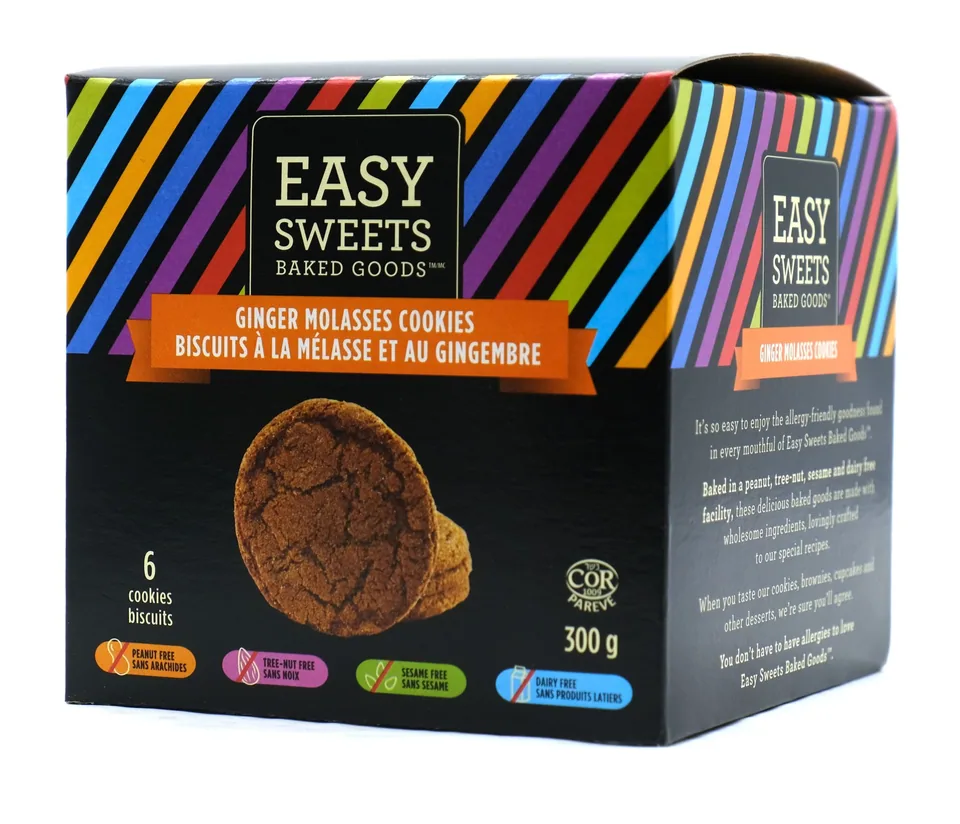 Easy Sweets ginger molasses cookie box with cookies beside it