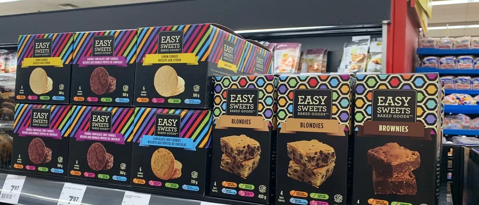 Easy Sweets cookie and square boxes on a grocery store shelf